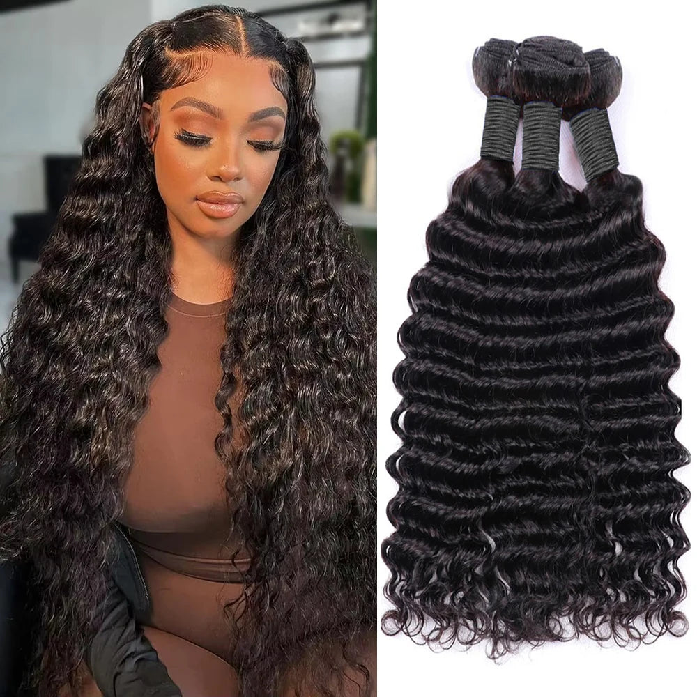 Deep Wave 32 34 36 Inch Bundles Brazilian 100% Remy Hair Extensions Wet And Wavy Curly Human Hair 3/4 Pcs Raw Hair Bundles