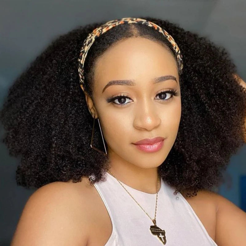 Afro Kinky Curly Human Hair Wigs For Women Headband Scarf Wig Full Machine Made Raw Indian Hair Natural Color