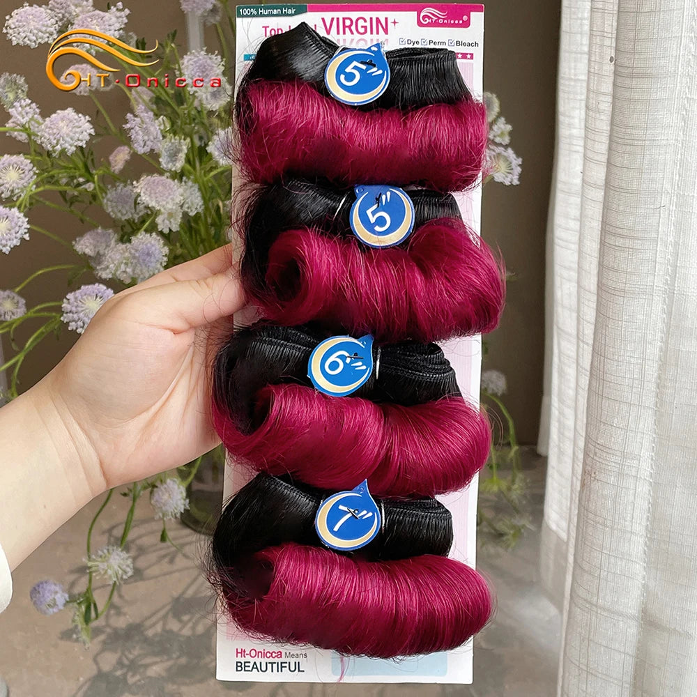 Indian Bouncy Curl 100% Human Hair 4 Bundles Deal Burgundy Curly Bundles For Women Short Raw Human Hair Extensions