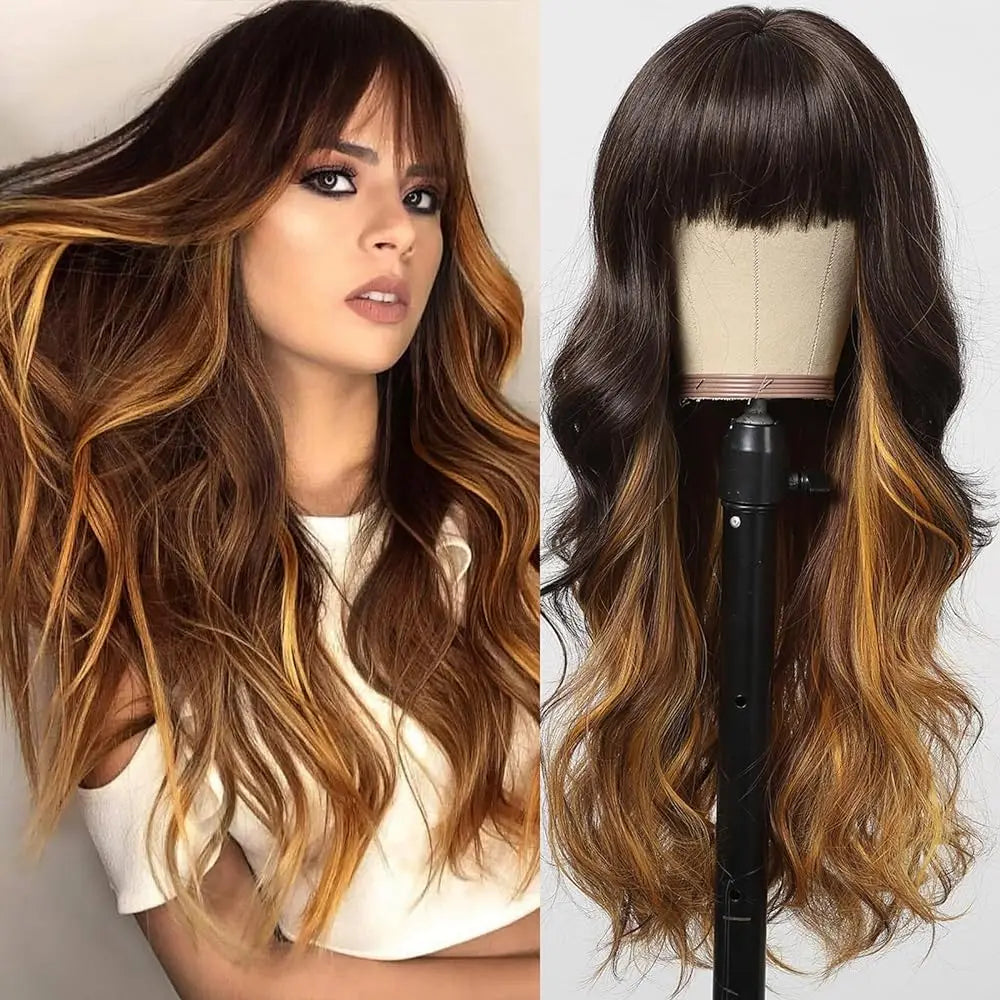 Long Wavy Synthetic Wigs for Women Red Brown Curly Fake Hair Wigs With Bangs Daily Use Party Heat Resistant Wavy Hair Wig
