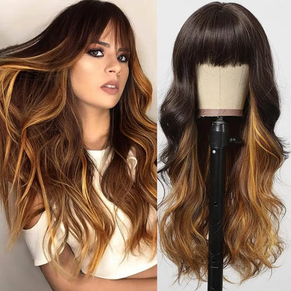 Long Wavy Synthetic Wigs for Women Red Brown Curly Fake Hair Wigs With Bangs Daily Use Party Heat Resistant Wavy Hair Wig