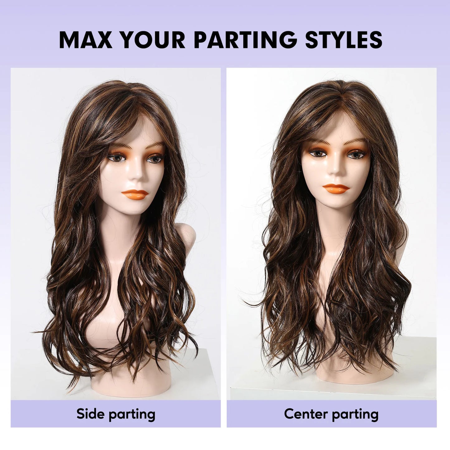 Long Wavy Curly Lace Front Synthetic Wigs for Women Brown With BLonde Highlights MONO Top Wigs Free Part Futura Wigs Glueless