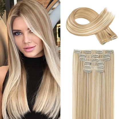 Synthetic Black Hair Extensions 24"/60cm 140g 6pcs/set Women Long Straight Full Head Clip 16 Clips  Ombre  Heat Resistant Fiber