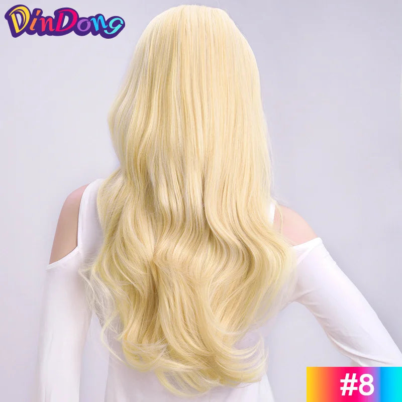 24 Inch Synthetic Long Wavy Head Tied  3/4 Half Wigs for Women With Clips In, Hair Extension Blonde Wigs