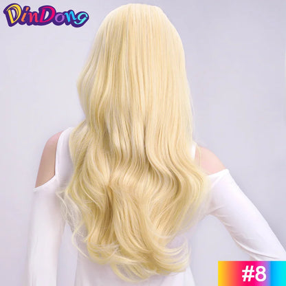 24 Inch Synthetic Long Wavy Head Tied  3/4 Half Wigs for Women With Clips In, Hair Extension Blonde Wigs