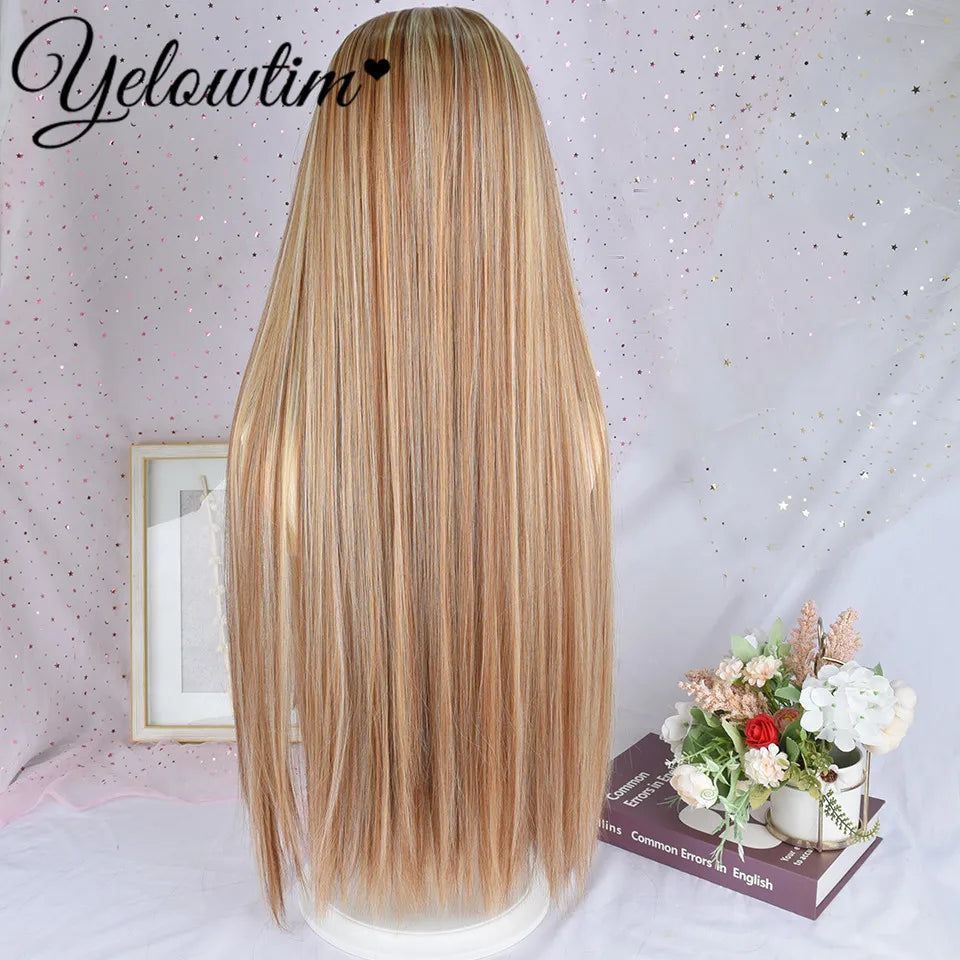 32inch Headband Wig Straight Hair Wig Women Brown High Gloss Synthetic Headband Wig gold mixed color
