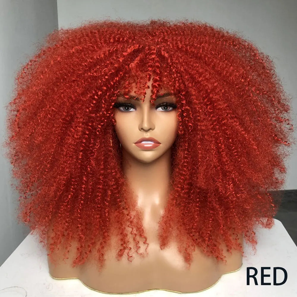 Afro Curly Wigs With Bangs For Black Women Burgundy Wig Synthetic Wine Red Hair Ombre Brown Blonde Cosplay Wig