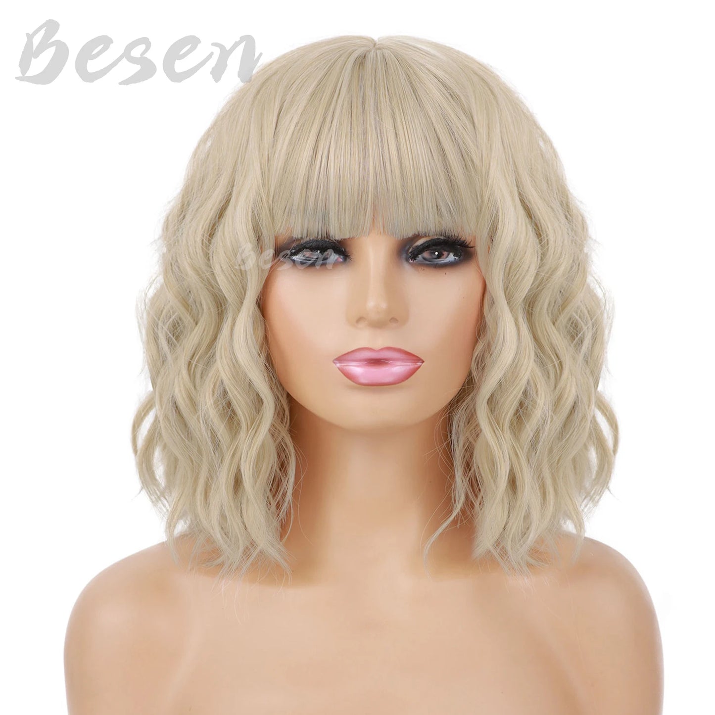 Synthetic Short Curly Bob Wig With Bangs for Women Wavy Shoulder Length Wig Short Water Wave Wig Daily Wear