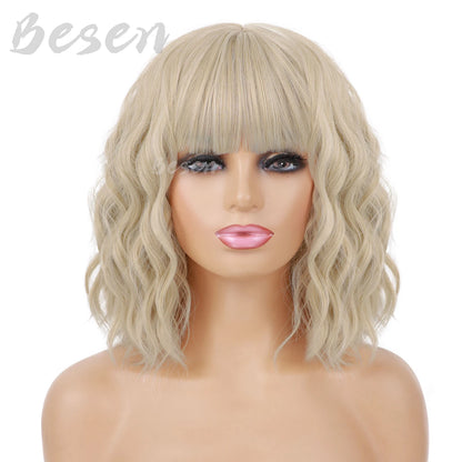 Synthetic Short Curly Bob Wig With Bangs for Women Wavy Shoulder Length Wig Short Water Wave Wig Daily Wear