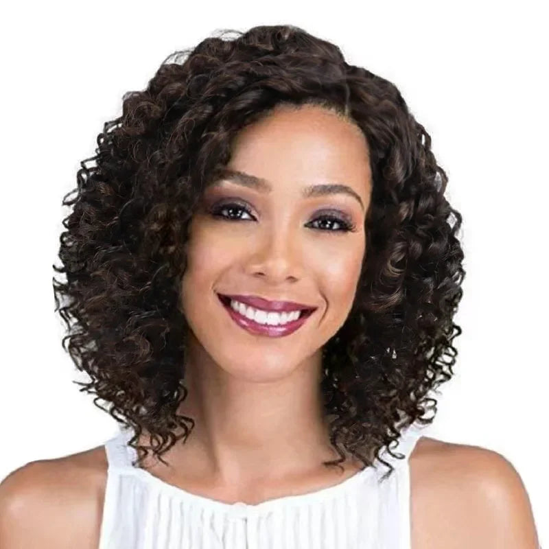 Synthetic Afro Black Curly Wigs for Women Wave African American Wig with Side Bang Natural Hairstyles Full Hair Replacement Wigs