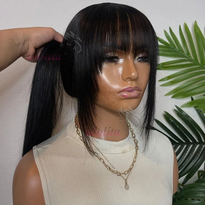 Straight Wig With Bangs Brazilian Wigs 100% Virgin Hair Human Hair Wigs Machine Made 210% Density Wig Human Hair Straight Wig