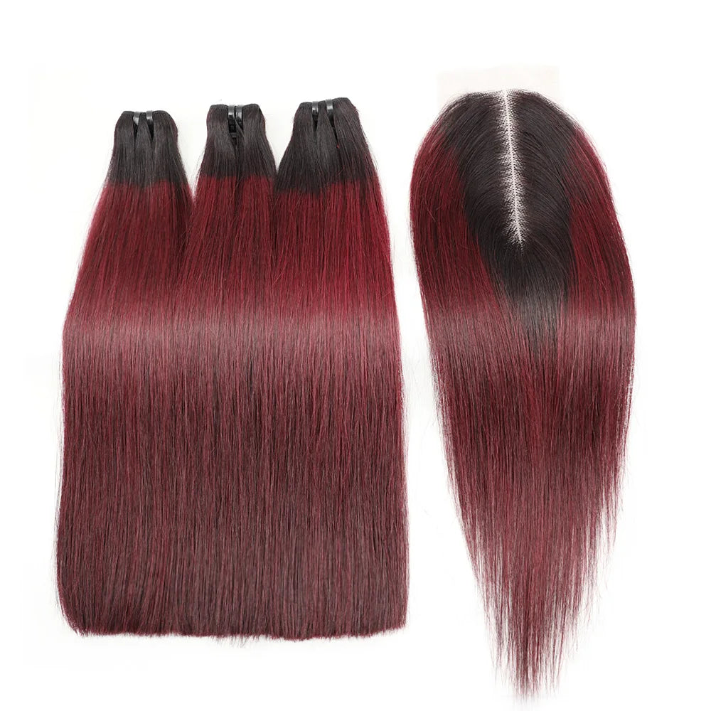 Bone Straight Vietnam Raw Human Hair 3 Bundles with Closure 12a Super Double Drawn Bundles 2x6 Lace Kim K Brown OT1B99j Burgundy