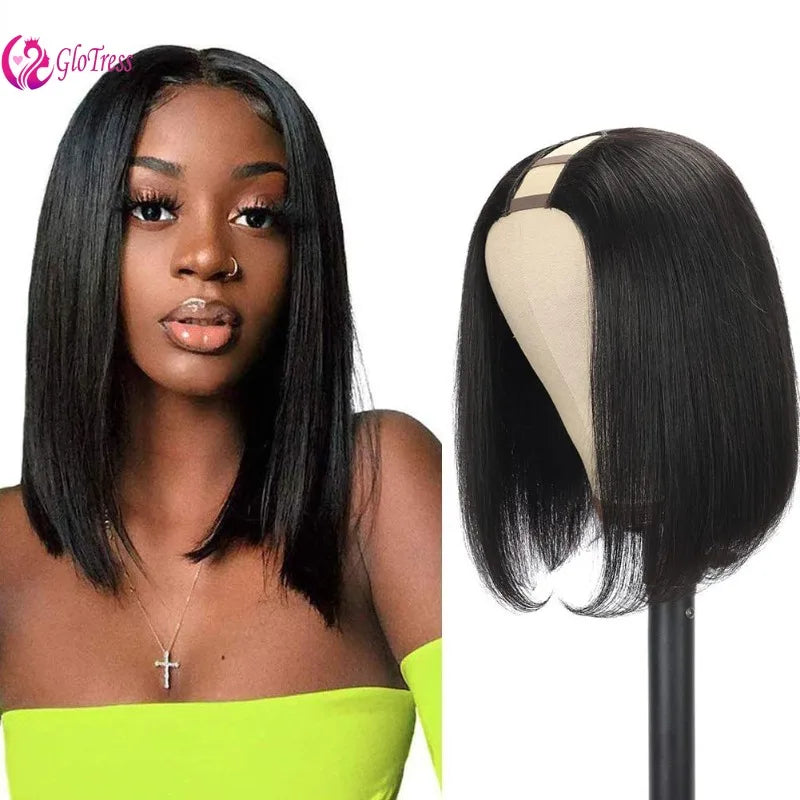 U-Part Straight Bob Wig 180% Brazilian Human Hair Natural Color ShortHigh Quality Length Full Coverage for Women