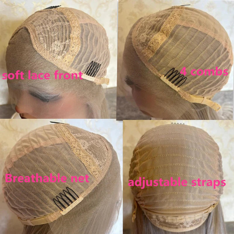 Natural Fringe Bouncy Wavy Synthetic Wig with Bangs White Blonde Icy Dark Roots High Quality Futura Fibre Lace Top Wig Women