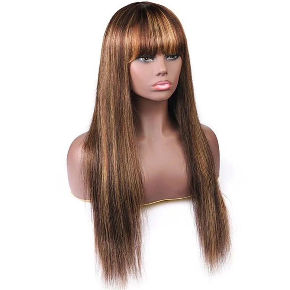 Malaysia Human Hair Wig With Bangs Ombre Highlight Brown Straight Hair Human Hair Wigs For Women 180D Wig Machine