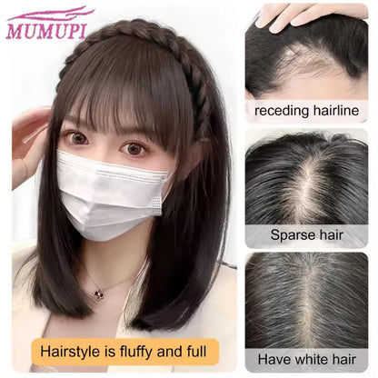 A Headband with Three-Strand Braids And a Twisted Braid Along with a 4-Inch Black And Brown Wig with Bangs