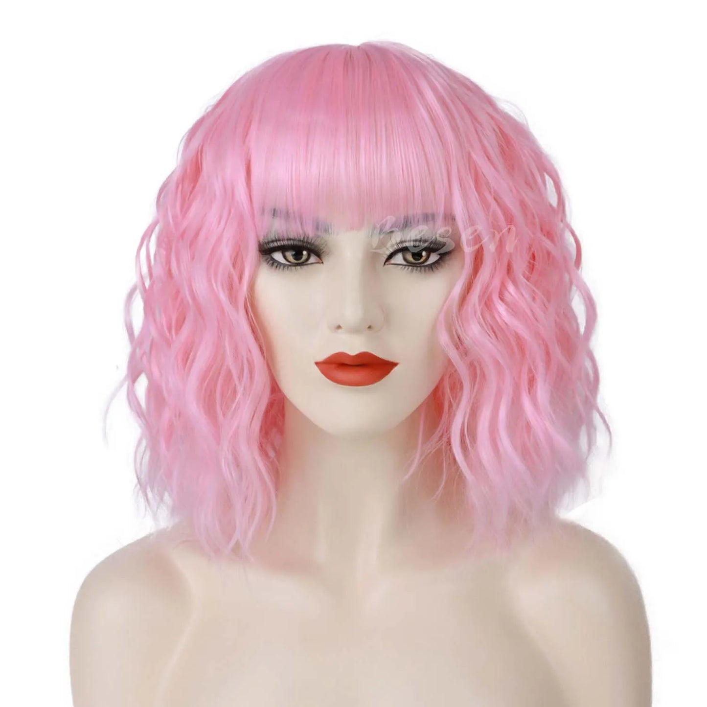 Synthetic Short Curly Bob Wig With Bangs for Women Wavy Shoulder Length Wig Short Water Wave Wig Daily Wear