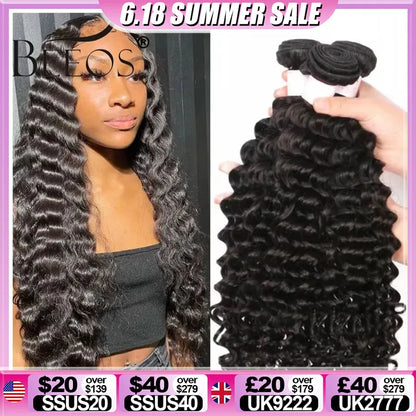 BEEOS Natural Deep Wave Bundles Double Weft Hair Extension Human Hair Deep Curly Brazilian Remy Weave Bundles 1/3 Pieces 40in