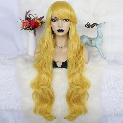 Synthetic hair 30 inches long yellow, loose body wavy and sexy wig with flat bangs, suitable for women's daily gatherings.