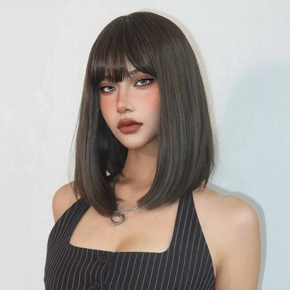 Straight Bob Synthetic Wigs Dark Brown Hair with Bangs for Women Shoulder Length Wig Daily Use Heat Resistant Korean Hairstyle