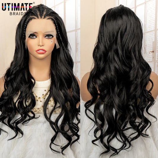 26 Inches Long Wavy Curly with Braids Synthetic Hair 13x4 Lace Front Wigs for Women Natural Color Wig for Daily Party Use