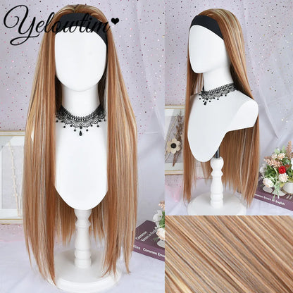 32inch Headband Wig Straight Hair Wig Women Brown High Gloss Synthetic Headband Wig gold mixed color