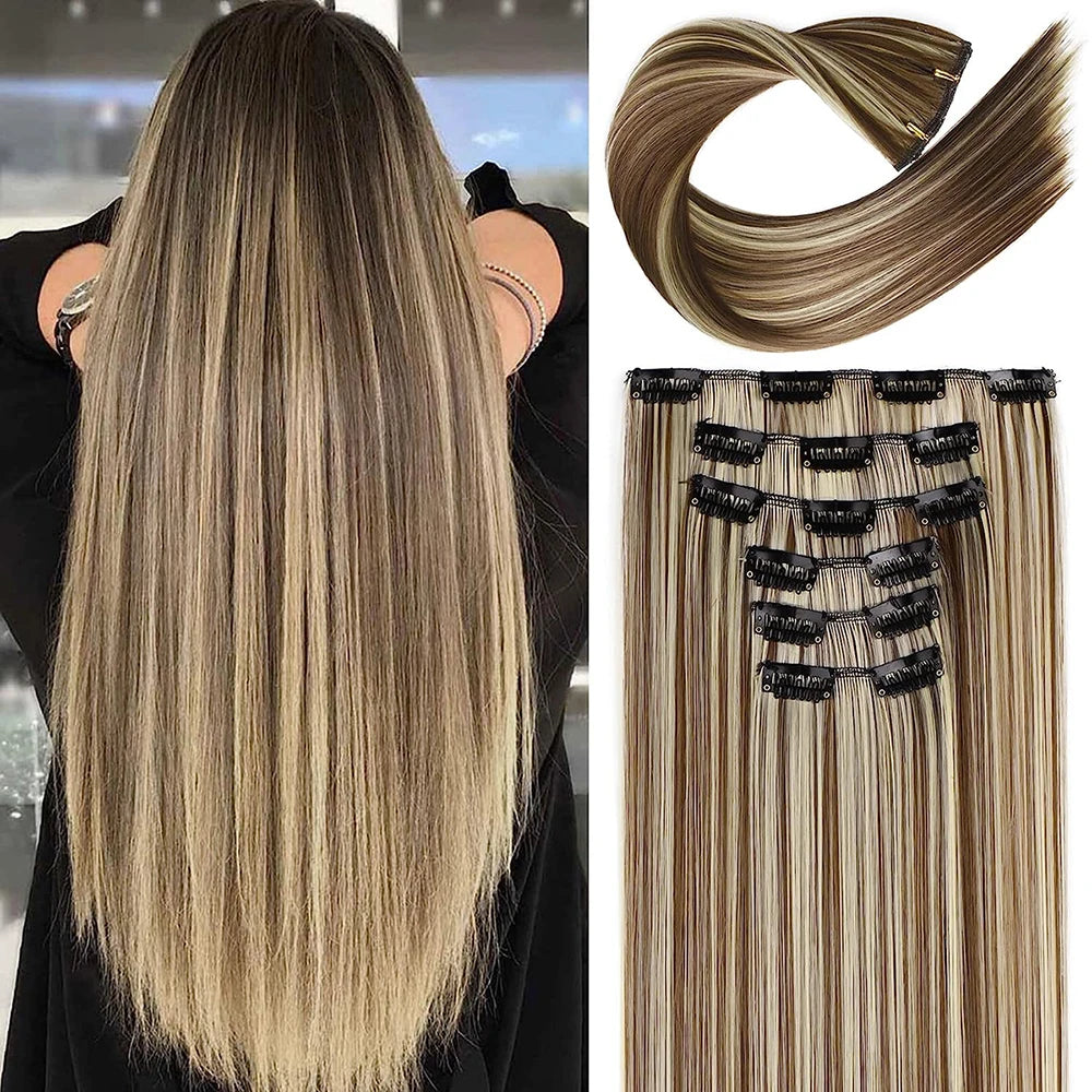 Synthetic Black Hair Extensions 24"/60cm 140g 6pcs/set Women Long Straight Full Head Clip 16 Clips  Ombre  Heat Resistant Fiber