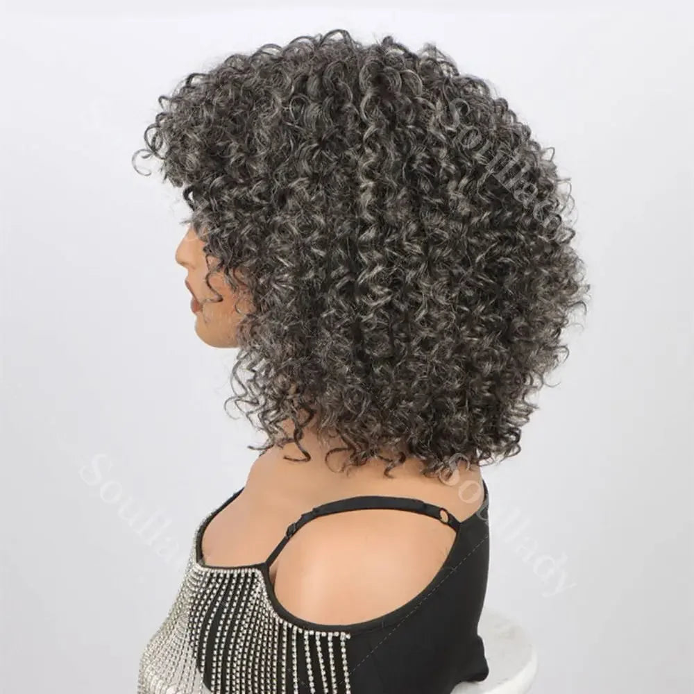 Dark Gray Curly Bob Wig With Bangs Glueless Wear & Go Salt And Pepper Wigs Short Kinky Curl  Human Hair Wigs For Elegant Mom