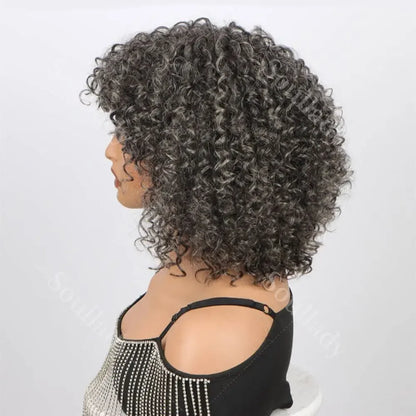 Dark Gray Curly Bob Wig With Bangs Glueless Wear & Go Salt And Pepper Wigs Short Kinky Curl  Human Hair Wigs For Elegant Mom