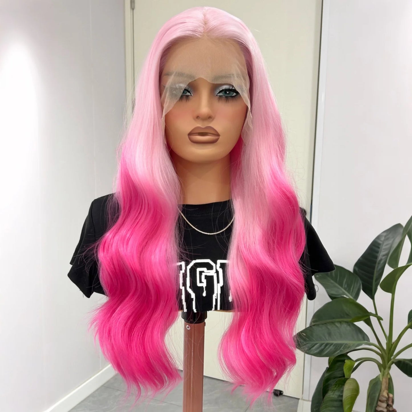 Long Wavy Ombre Pink Syntheitc Lace Front Wigs for Women Middle Part 13X4 Body Wave Light Pink Roots Pre Plucked Glueless Hair