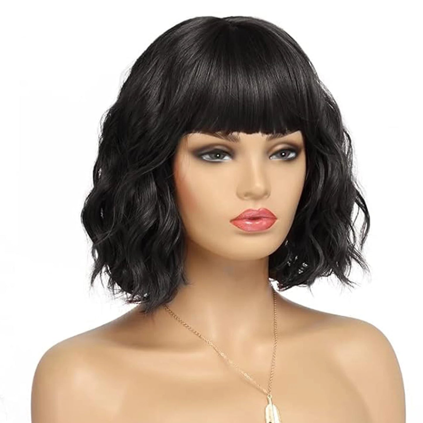 Synthetic Short Curly Bob Wig With Bangs for Women Wavy Shoulder Length Wig Short Water Wave Wig Daily Wear