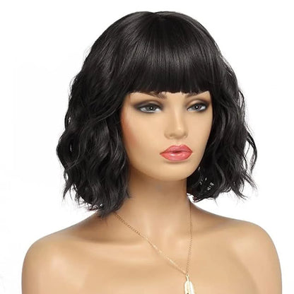 Synthetic Short Curly Bob Wig With Bangs for Women Wavy Shoulder Length Wig Short Water Wave Wig Daily Wear