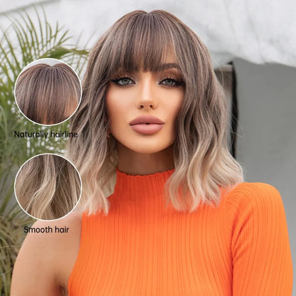 Women Grey Wavy Bob Wigs with Bangs Short Blonde Ombre Synthetic Wig With with Dark Roots Natural Hair for Daily Use