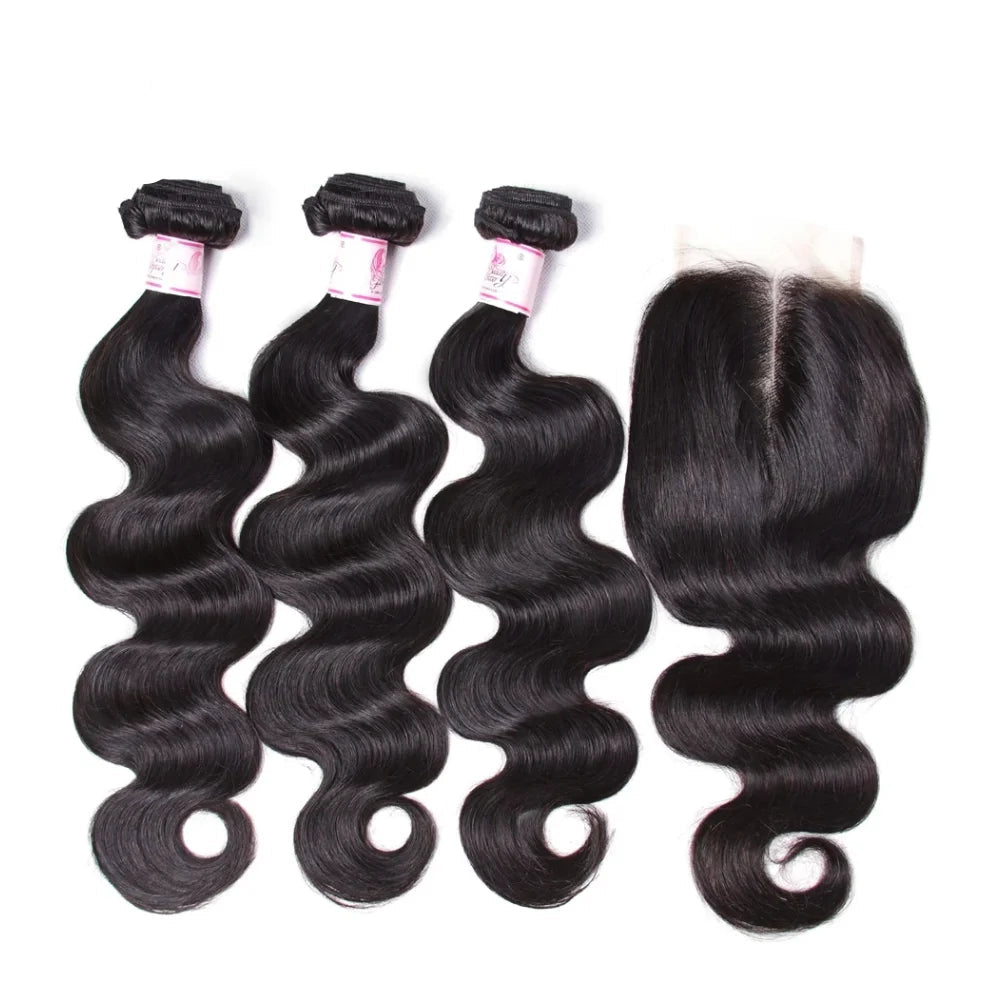 Indian Body Wave Virgin Hair Weaves 3 Bundles With 4*4 Lace Closure Natural Unprocessed Virgin Human Hair Extensions