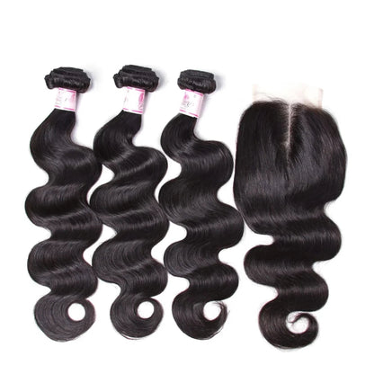 Indian Body Wave Virgin Hair Weaves 3 Bundles With 4*4 Lace Closure Natural Unprocessed Virgin Human Hair Extensions