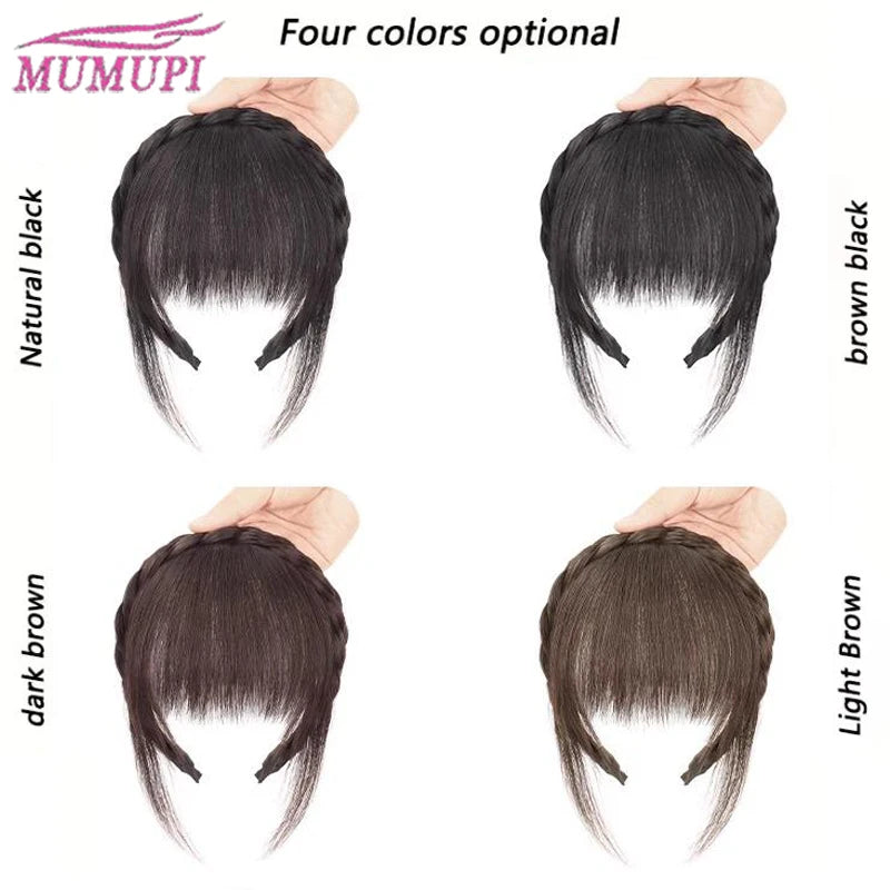 A Headband with Three-Strand Braids And a Twisted Braid Along with a 4-Inch Black And Brown Wig with Bangs