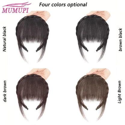 A Headband with Three-Strand Braids And a Twisted Braid Along with a 4-Inch Black And Brown Wig with Bangs