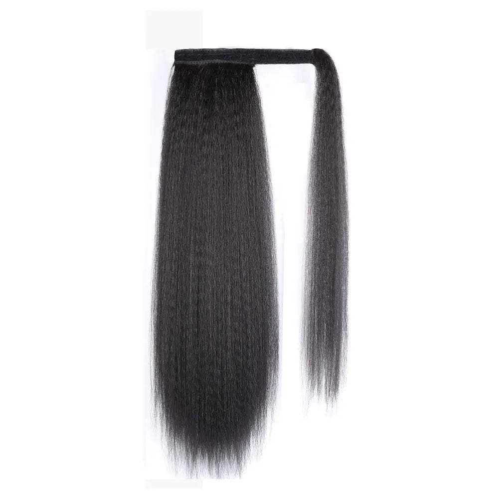 Synthetic Long Kinky Straight Ponytail Extension for Black Women Yaki Wrap Arpund Hair 24 Inch Clip in Magic Paste Black Tail