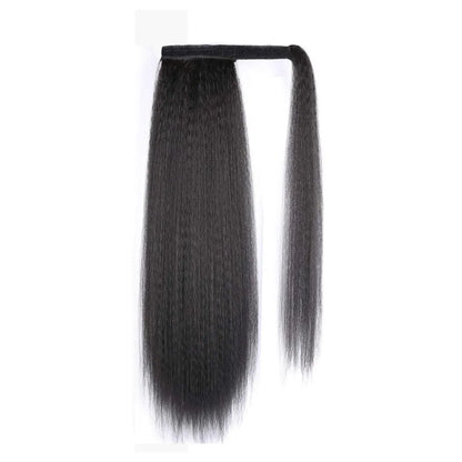 Synthetic Long Kinky Straight Ponytail Extension for Black Women Yaki Wrap Arpund Hair 24 Inch Clip in Magic Paste Black Tail