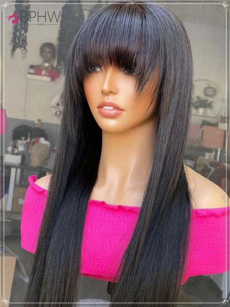 Straight Wig Brazilian Wigs 100% Virgin Hair Human Hair Wigs With Bangs Full Machine Made 180% Density Wigs Human Hair BPHW Hair