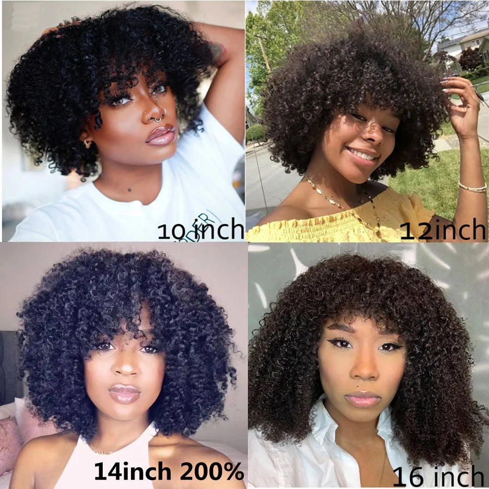 Mongolian Afro Kinky Curly Human Hair Wigs with Bangs Wear to go Glueless Wig Remy Brazilian Short Curly Bangs Wig Human Hair