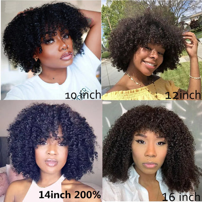 Mongolian Afro Kinky Curly Human Hair Wigs with Bangs Wear to go Glueless Wig Remy Brazilian Short Curly Bangs Wig Human Hair