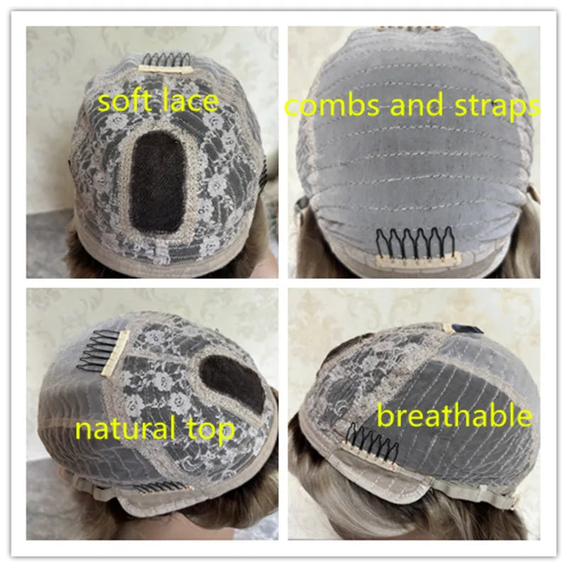 Natural Fringe Bouncy Wavy Synthetic Wig with Bangs White Blonde Icy Dark Roots High Quality Futura Fibre Lace Top Wig Women