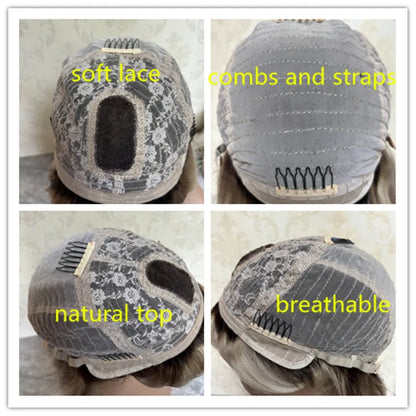 Natural Fringe Bouncy Wavy Synthetic Wig with Bangs White Blonde Icy Dark Roots High Quality Futura Fibre Lace Top Wig Women