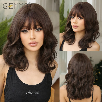 Shoulder Long Wavy Dark Brown Wig with Bangs Synthetic Water Wave Cosplay Daily Wigs for Women Afro Heat Resistant Natural Hair