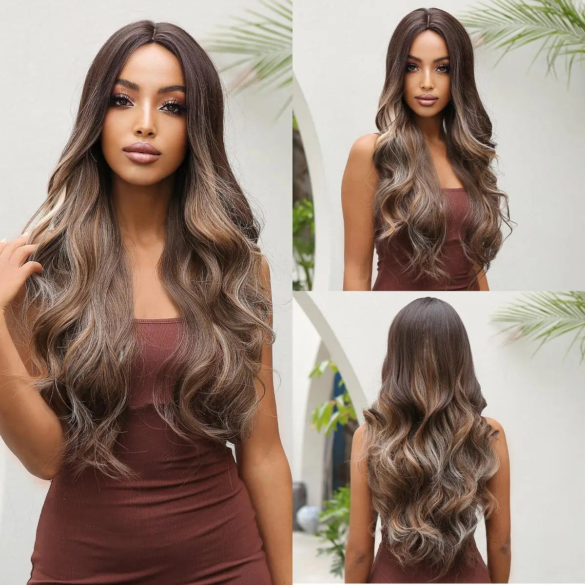 Long Curly Wavy Brown Wigs Highlights Brown Hair Synthetic Wigs For Women Daily Middle Part Natural Looking Wig High Temperature