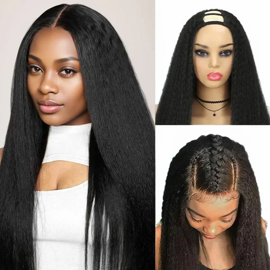 Synthetic U Part Wigs for Black Women Yaki Straight Wigs Natural Color Kinky Straight U-part wigs Hair Extension Clip