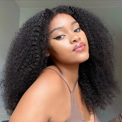 Mongolian Afro Kinky Curly Human Hair V Part Wig Natural Black 180 200 Density For Black Women Machine Made Remy Hair V-part