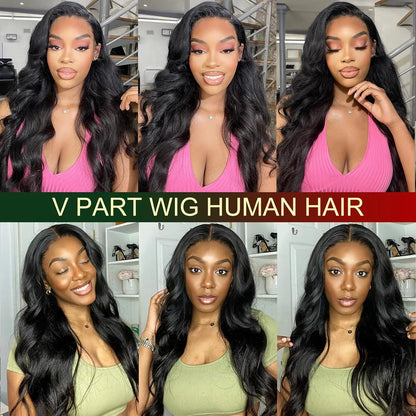 Malaysian Body Wave V Part Wig Human Hair Full Machine Made 180% Natural Black V Part Human Hair Wigs For Women Natural Color