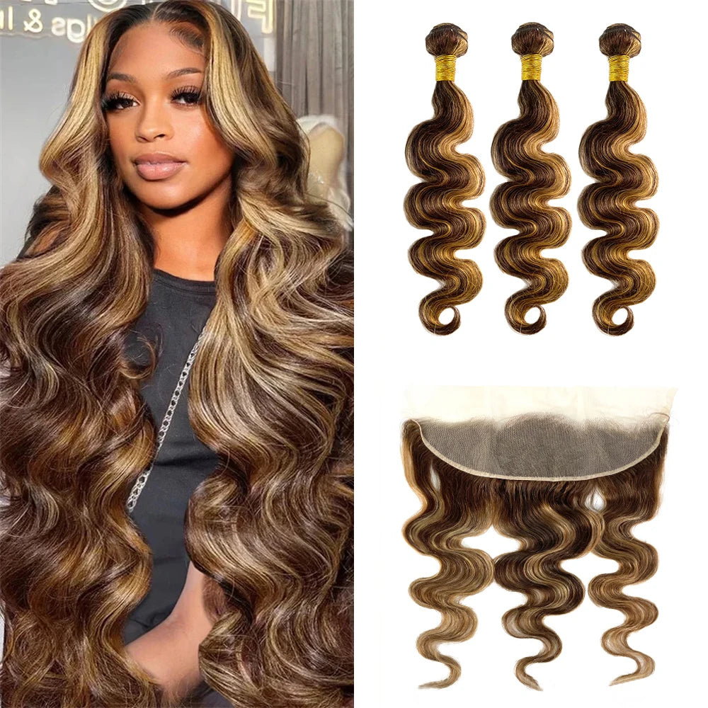 Honey Blonde Bundle With 13x4 Lace Frontal Body Wave Highlight 3 Bundles With Frontal Closure 4/27 Color Human Hair Extensions
